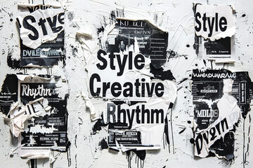 Collage on a white Background, with black typographic elements such as advertising inscriptions in the style of "Style", "Creative", "Rhythm" and other decorative text