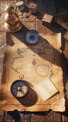 screenshot of maritime items on a wooden table including a compass, astrolabe, blank map, and blank pieces of parchment; in the style of narrative paneling