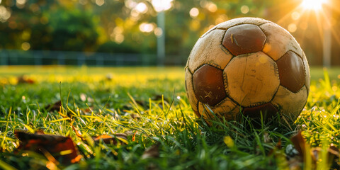Worn soccer ball on grass with autumn leaves, sunset backlight