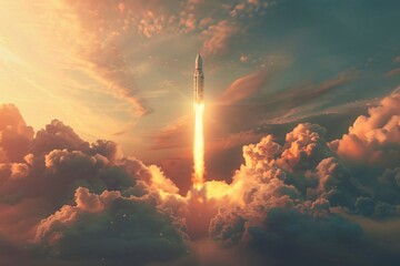 a rocket taking off from clouds - obrazy, fototapety, plakaty