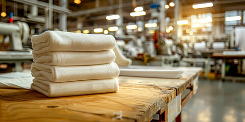 Stacked textiles on a table in an industrial factory setting with soft-focused machinery in the background