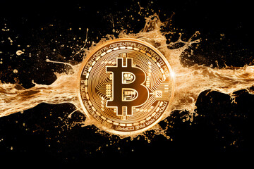 Bitcoin with water splash on black background. Cryptocurrency concept.Bitcoin falling into water with splashes and drops on black background.Golden Bitcoin Emerges Victorious Amidst Splashing Waters