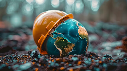 Symbol of safety and health at work: the planet Earth and the helmet. A safety and health concept for the World Day of Safety and Health at Work. - obrazy, fototapety, plakaty