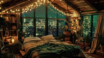 Cozy Bedroom with String Lights and Urban Night View.