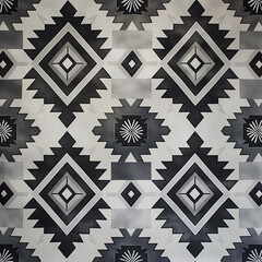 A black and white patterned rug with a diamond shape design