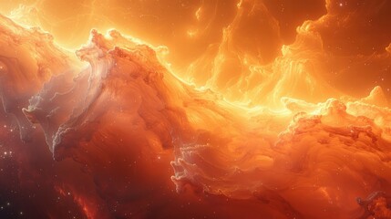 Fiery Golden Cosmic Nebula with Luminous Clouds.