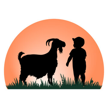 recommend clip art: Children and pets silhouettes on yellew background. Little boy playing with goat. Vector illustration.	