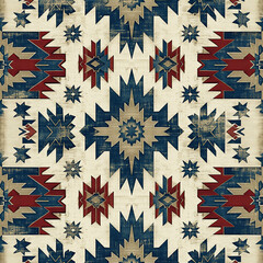 A colorful, multi-colored Navajo rug with a star pattern. The rug is made of wool and has a vintage look