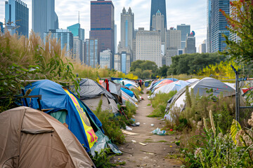 Sprawling tent city nestled out in modern urban park. Temporary homes for poor roofless people against high rise skyscrapers. Homelessness problem - obrazy, fototapety, plakaty