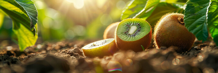 A close-up view of a healthy green kiwi plant thriving in nutrient-rich soil.
