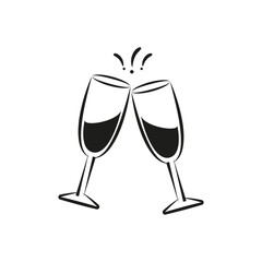 Two glasses of champagne icon. Clink, cheers and toasting. Vector outline and transparent illustration on clear white background. - obrazy, fototapety, plakaty