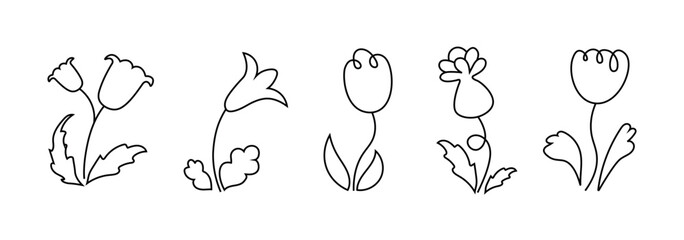 Vector set of wildflowers in doodle style. Illustration of flowers in line art style. Flora elements on isolated background. Herbs, plants, nature, natural. Flat seamless pattern.