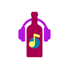 Bottle of wine with a musical note and headphones. Music and wine. Color vector.