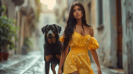 A woman in a yellow dress and black dog walking down the street, AI - Powered by Adobe