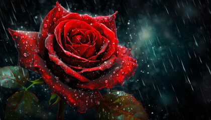 Portret czerwonej róży w kroplach deszczu. Generative AI - obrazy, fototapety, plakaty
