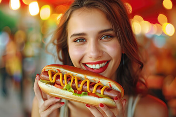 Beautiful young woman having a hotdog - obrazy, fototapety, plakaty