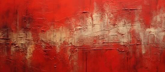 A modern art painting on a wall featuring red and white paint in abstract patterns and textures....
