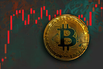 Bitcoin cryptocurrency on a dark background. Digital currency. Cryptocurrency.Golden Bitcoin Amidst Fluctuating Market Graphs