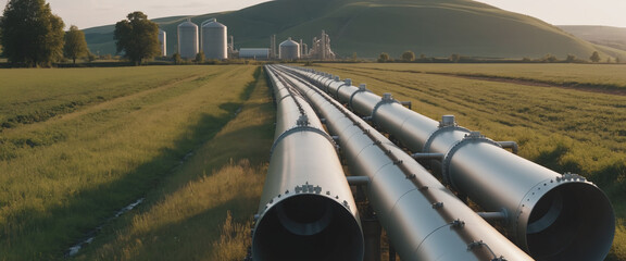 Liquefied natural gas pipelines overland through the natural landscape - obrazy, fototapety, plakaty