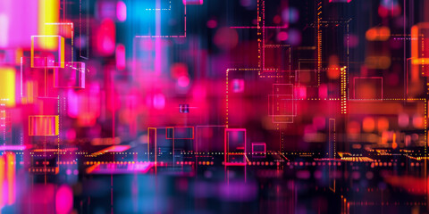 Fototapeta premium Abstract neon square patterns reflecting over glossy surface