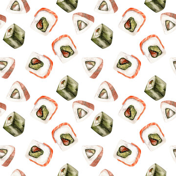 Watercolor asian sea food seamless pattern. Hand drawn japanese traditional sushi with salmon, rolls with shrimp background for menu, restaurant, cafe, packing design