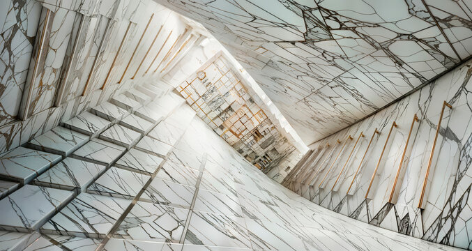 Abstract image of a marble corridor twisted along a spiral. Fantastic architecture.