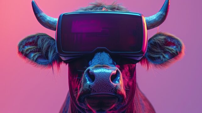 A cow wearing a pair of virtual reality goggles on its head, AI