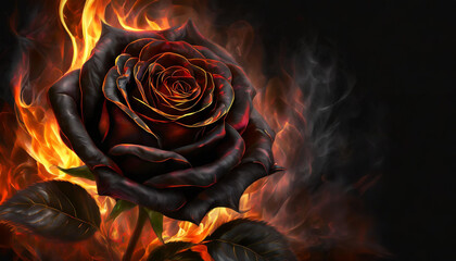 Portret czarnej Róży w płomieniach. Generative AI - obrazy, fototapety, plakaty