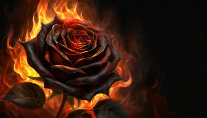 Fotobehang Portret czarnej Róży w płomieniach. Generative AI © mycatherina