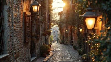 The golden hour sun casts a warm glow on an ancient, vine-lined alleyway in an Italian village,...