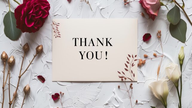 Note with Thank you inscription on a white wall with flowers