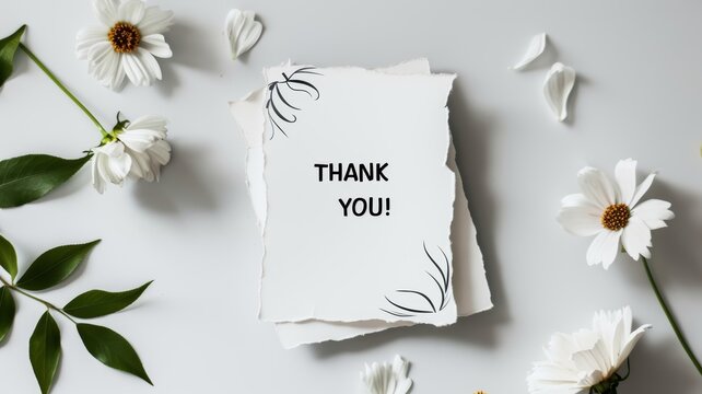 Pages with Thank you inscription in white background with white flowers and leaves