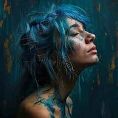 Woman with blue hair and splattered blue paint on her face and shoulders, closed eyes, head tilted upwards against a textured teal background