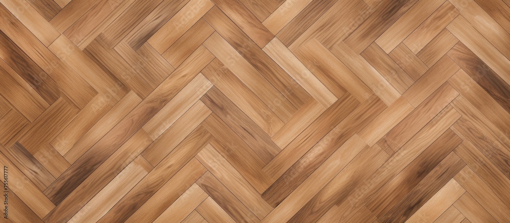 Wall mural A light brown wood floor featuring a chevron pattern, arranged in a herringbone design. The intricate zigzag pattern adds visual interest and sophistication to the room.