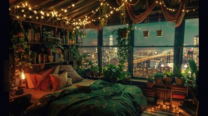 Cozy Bedroom with Plants, Books and String Lights Overlooking the Urban Night Skyline.
