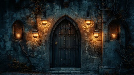 Atmospheric old stone castle door, illuminated by vintage lanterns, is entwined with ivy under the mystical twilight - obrazy, fototapety, plakaty