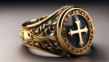 A gold ring with a seal on it