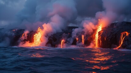  Molten Lava Flowing into Ocean with Steam.
