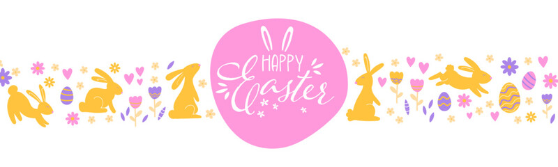 Cute hand drawn Easter horizontal design with bunnies, flowers, easter eggs, beautiful background, great for Easter Cards, banner, textiles, wallpapers