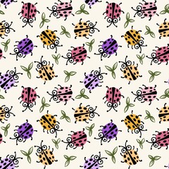 Hand drawn seamless pattern of cute funny ladybugs bugs beetles insect print. Colorful yellow pink purple animals in nursery doodle style for kids children textile decor, happy garden sprint summer