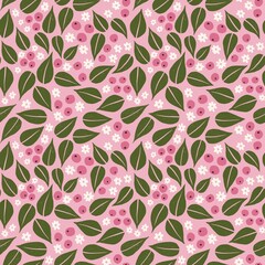 Hand drawn seamless pattern with pink berry berries green leaves. Colorful bright floral design folk print, nature wood forest art, vintage retro, summer garden fruit.