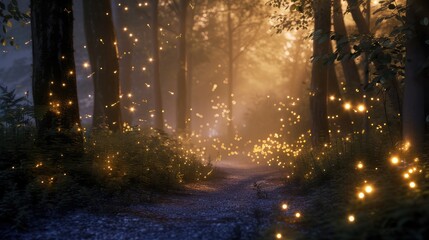 Enchanted Forest Path with Glowing Fireflies at Dusk.