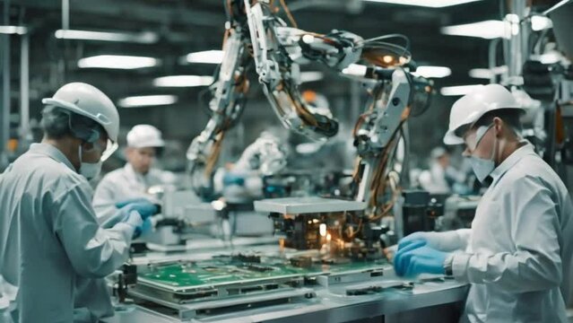 A factory video shows robotic arms constructing a circuit board.