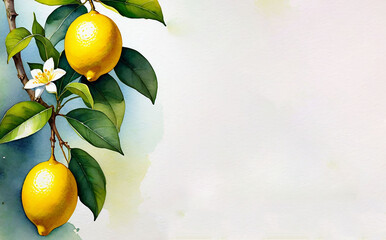 Lemon tree branch with lemon fruits and flowers on a white background.  Horizontal watercolor banner with copy space.