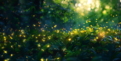 green grass and sun, Firefly Night Dance A symphony of flashing lights illuminates the night sky as fireflies blink in unison, creating a magical and mesmerizing spectacle  photography - obrazy, fototapety, plakaty