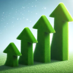 Illustration of upward-pointing arrows made of lush green grass, symbolizing eco-friendly progress,.