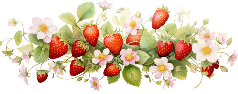 A fresh red strawberries, leaves and flower isollated on the transparent background