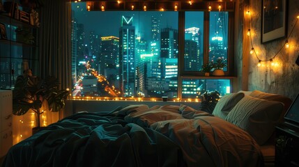  Cozy Bedroom with Night City View and String Lights.