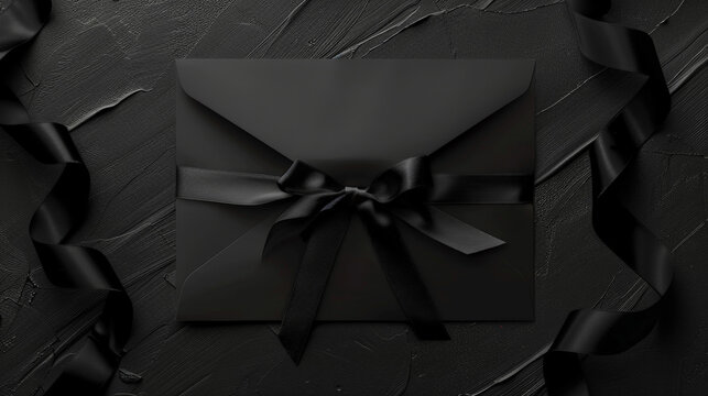 Aesthetic elegant black envelope invitation with ribbon for gala event. Greeting concept. Copy space. Generative AI
