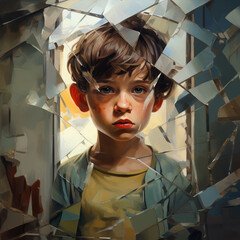 Cubist image of a boy with a sad expression. Looking at yourself in a broken mirror